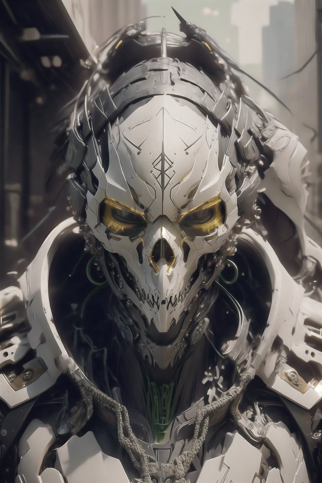 *Hyper realistic precision in detail, photo real octane render of an apex skull with detailed, ceramic armor, striking yellow florencent, green and white color, in the style of Hajime Sorayama and Yoji Shinkawa, ultimate neo cyberpunk design, hyper realism, depth of field , scar and piercing mark on the bone, sharp focus --ar 51:64 --niji 6 --style raw* 