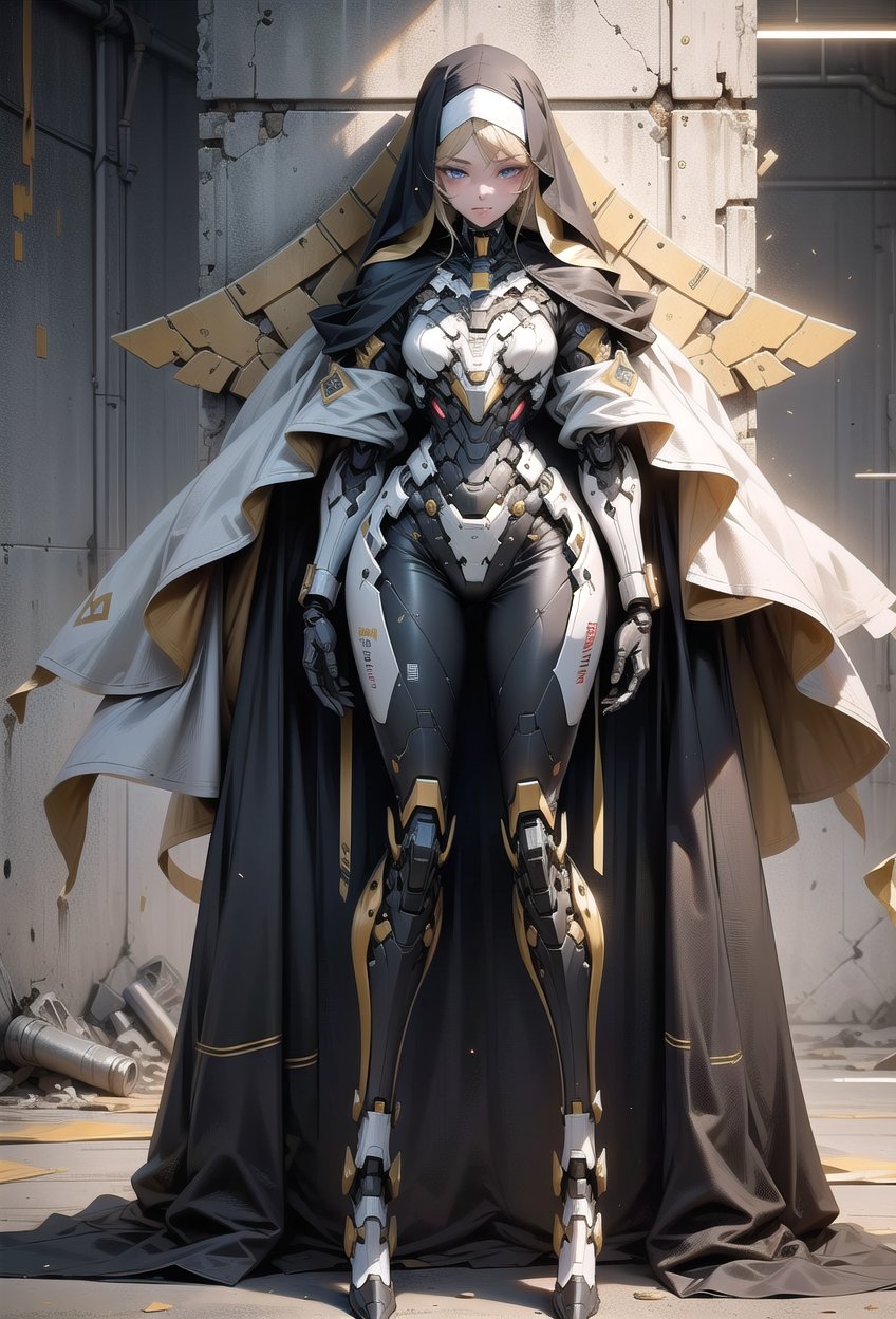 Elegant Girl, One Mecha Girl, Full Body Portrait, Humanoid Nun Mecha, Dark, Si-Fi, post apocalype, Sky Blue Eyes, Nun style Mecha, Extreme Detailed, Realistic, Black and Gold, beautiful Leg.Elegant Girl, One Mecha Girl, Full Body Portrait, Humanoid Nun Mecha, Dark, Si-Fi, post apocalype, Sky Blue Eyes, Nun style Mecha, Extreme Detailed, Realistic, Black and Gold, beautiful Leg.,FUTURISTIC