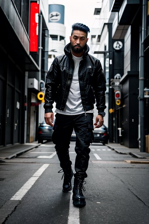 The image is epic, an imposing Japanese man, short and thin, with black hair and a well-kept beard, he has wolfish features, he is wearing an Adidas jacket, tactical cargo pants, high black military boots, he is using a mobile phone. beard, rogue, punk boots, The background represents a cybercity, electrical reflections, mechanical spiders crawl on the floor, pircings,