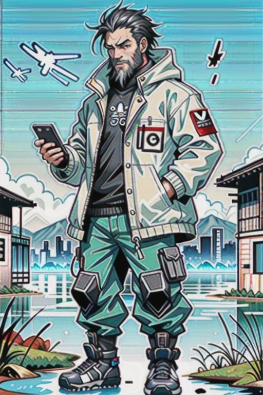 The image is epic, an imposing Japanese man, short and thin, with black hair and a well-kept beard, he has wolfish features, he is wearing an Adidas jacket, tactical cargo pants, high black military boots, he is using a mobile phone. beard, rogue, punk boots, The background represents a cybercity, electrical reflections, mechanical spiders crawl on the floor, pircings,