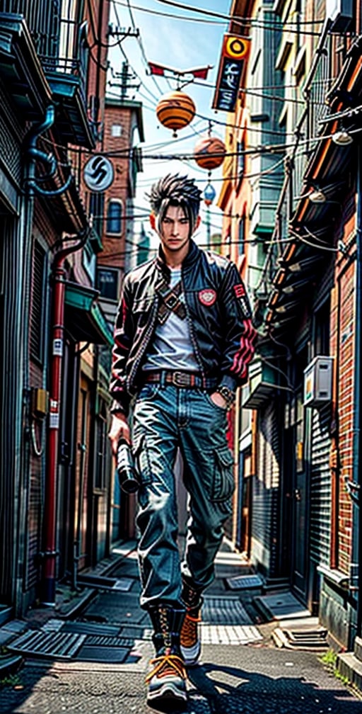 Cyber ​​apocalyptic Naruto, with black hair and well-groomed beard, Adidas jacket, cargo jeans, high black military boots