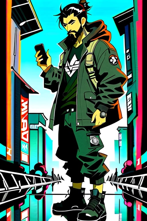 The image is epic, an imposing Japanese man, short and thin, with black hair and a well-kept beard, he has wolfish features, he is wearing an Adidas jacket, tactical cargo pants, high black military boots, he is using a mobile phone. beard, rogue, punk boots, The background represents a cybercity, electrical reflections, mechanical spiders crawl on the floor, pircings,