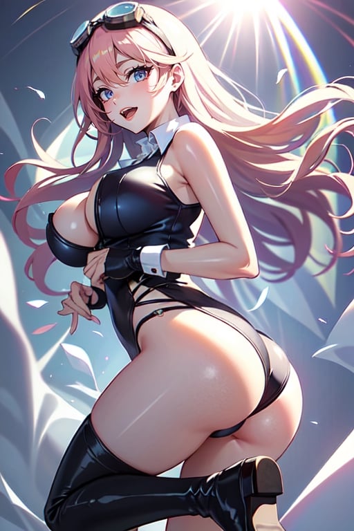 (plays the character Watalidaoli Simca in air gear), 1girl, solo, smile, perfect face, make-up, stick out tongue, excited face, blush, big breasts, no underwear, black panties exposed, long pink hair, perfect ass, sexy suspender black stockings, wearing white Japanese high school uniform, fingerless gloves, wearing boots, hands near waist, goggles on head, sexy pose, (Best quality, masterpiece, realistic, highly detailed ),dolphin shorts,erotic nightwear lingerie,floral print,Btflyhaircut,more detail ,baifernbah,aanj,fishnet leotard, see-through,spread\(vaginal\), long hair,halation_background