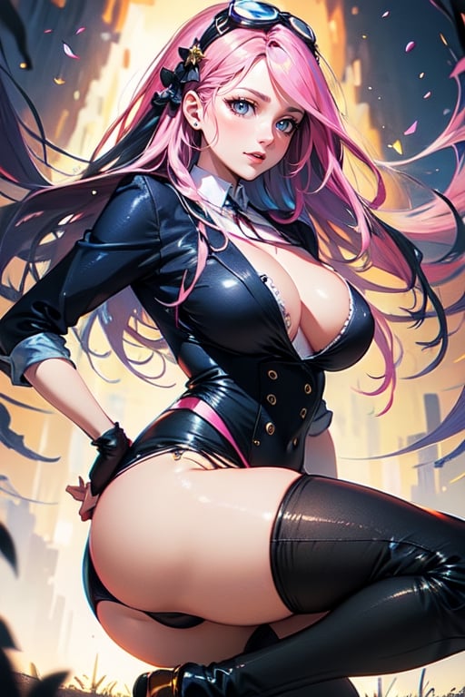 (plays the character Watalidaoli Simca in air gear), 1girl, solo, smile, perfect face, make-up, stick out tongue, excited face, blush, big breasts, no underwear, black panties exposed, long pink hair, perfect ass, sexy suspender black stockings, wearing white Japanese high school uniform, fingerless gloves, wearing boots, hands near waist, goggles on head, sexy pose, (Best quality, masterpiece, realistic, highly detailed ),High detailed 