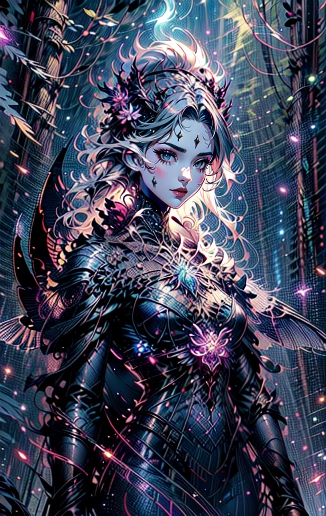 Masterpiece, best quality, high resolution, woman, early 30s, flowing dark hair, silk fabric cloth, elegant, pair of wings, delicate translucent wings, iridescent colors, lush enchanted forest, ancient trees, glowing foliage, mystical flowers, serene expression, ethereal, delicate features, almond-shaped eyes, magical ambiance, shimmering silk, dappled light, otherworldly beauty, fairies, fireflies, enchanting atmosphere, fantasy world, soft dappled light, enchanted forest, glowing trees, magical creatures, serene and ethereal, fantasy setting,r1ge,ASU1,wrenchfaeflare,horror (theme)