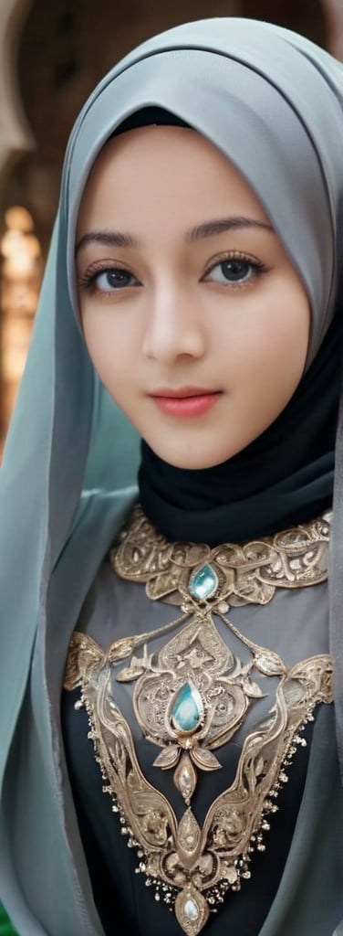 1 girl, pretty, her face like an angel, sweet smile, moslem clothes, hijab, veil, islamic dress, closed clothing, long dress, cloak, (Best Quality:1.4), (Ultra-detailed), (Detailed light), (beautiful face),  various camera angles, various poses, Amazing face and eyes, high heels,  extremely detailed CG unified 8k wallpaper, High-definition raw color photos, professional photograpy, dynamic lighting, depth of fields, full body view, outdoor, mosque, more detail XL, dilraba,Beautiful eyes girl