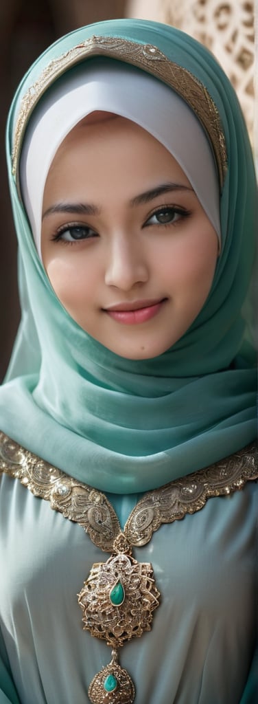 1 girl, pretty smile, her face like an angel, moslem clothes, hijab, korean, palestinian turban, veil, islamic dress, closed clothing, long dress, cloak, (Best Quality:1.4), (Ultra-detailed), (Detailed light), (beautiful face),  Amazing face and eyes, high heels,  extremely detailed CG unified 8k wallpaper, High-definition raw color photos, professional photograpy, dynamic lighting, depth of fields, full body view, outdoor, mosque, more detail XL, dilraba,Beautiful eyes girl