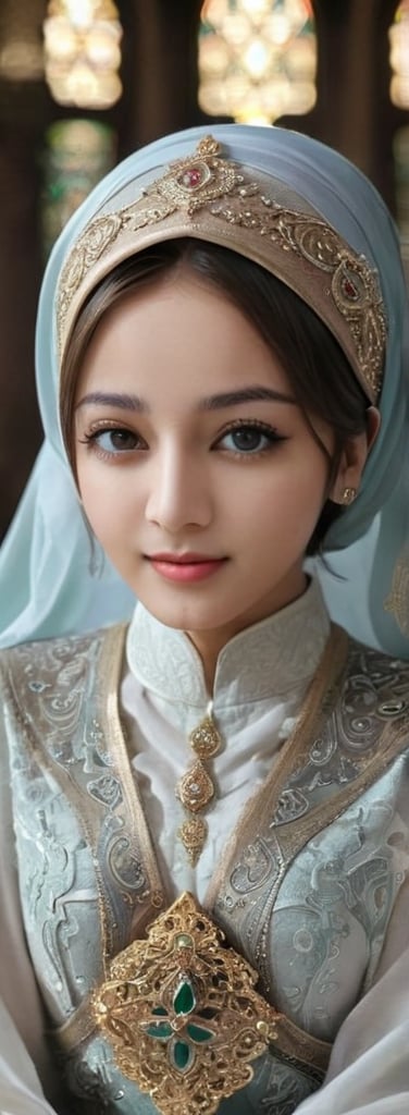 1 girl, pretty, her face like an angel, sweet smile, moslem clothes, hijab, korean, palestinian turban, veil, islamic dress, closed clothing, long dress, cloak, (Best Quality:1.4), (Ultra-detailed), (Detailed light), (beautiful face),  various camera angles, Amazing face and eyes, high heels,  extremely detailed CG unified 8k wallpaper, High-definition raw color photos, professional photograpy, dynamic lighting, depth of fields, full body view, outdoor, mosque, more detail XL, dilraba,Beautiful eyes girl