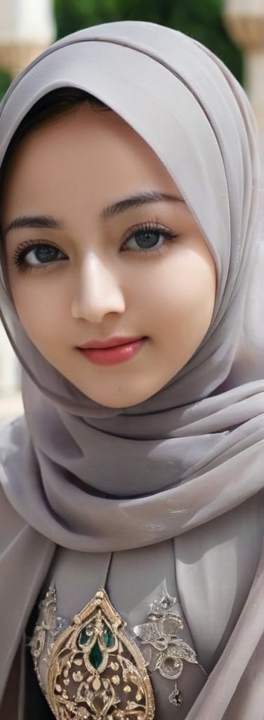 1 girl, pretty, her face like an angel, sweet smile, moslem clothes, hijab, veil, islamic dress, closed clothing, long dress, cloak, (Best Quality:1.4), (Ultra-detailed), (Detailed light), (beautiful face),  various camera angles, various poses, Amazing face and eyes, high heels,  extremely detailed CG unified 8k wallpaper, High-definition raw color photos, professional photograpy, dynamic lighting, depth of fields, full body view, outdoor, mosque, more detail XL, dilraba,Beautiful eyes girl