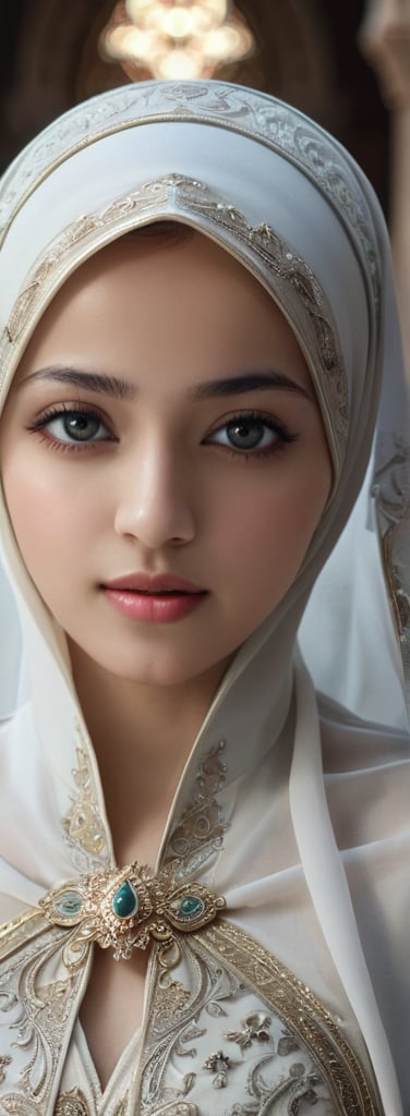 1 girl, pretty, her face like an angel, moslem clothes, hijab, korean, palestinian turban, veil, islamic dress, closed clothing, long dress, cloak, (Best Quality:1.4), (Ultra-detailed), (Detailed light), (beautiful face),  Amazing face and eyes, high heels,  extremely detailed CG unified 8k wallpaper, High-definition raw color photos, professional photograpy, dynamic lighting, depth of fields, full body view, outdoor, mosque, more detail XL, dilraba,Beautiful eyes girl