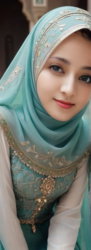 1 girl, pretty, her face like an angel, sweet smile, moslem clothes, hijab, veil, islamic dress, closed clothing, long dress, cloak, (Best Quality:1.4), (Ultra-detailed), (Detailed light), (beautiful face),  various camera angles, various poses, Amazing face and eyes, high heels,  extremely detailed CG unified 8k wallpaper, High-definition raw color photos, professional photograpy, dynamic lighting, depth of fields, full body view, outdoor, mosque, more detail XL, dilraba,Beautiful eyes girl