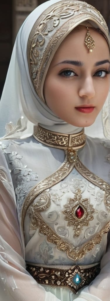 1 girl, pretty, moslem clothes, hijab, palestinian turban, veil, islamic dress, closed clothing, long dress, red and white, (Best Quality:1.4), (Ultra-detailed), (Detailed light), (beautiful face),  Amazing face and eyes, high heels,  extremely detailed CG unified 8k wallpaper, High-definition raw color photos, professional photograpy, dynamic lighting, depth of fields, full body view, outdoor, mosque, more detail XL, dilraba,
