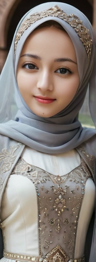 1 girl, pretty, her face like an angel, sweet smile, moslem clothes, hijab, veil, islamic dress, closed clothing, long dress, cloak, (Best Quality:1.4), (Ultra-detailed), (Detailed light), (beautiful face),  various camera angles, Amazing face and eyes, high heels,  extremely detailed CG unified 8k wallpaper, High-definition raw color photos, professional photograpy, dynamic lighting, depth of fields, full body view, outdoor, mosque, more detail XL, dilraba,Beautiful eyes girl