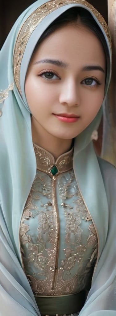 1 girl, pretty, her face like an angel, sweet smile, moslem clothes, hijab, korean, palestinian turban, veil, islamic dress, closed clothing, long dress, cloak, (Best Quality:1.4), (Ultra-detailed), (Detailed light), (beautiful face),  various camera angles, Amazing face and eyes, high heels,  extremely detailed CG unified 8k wallpaper, High-definition raw color photos, professional photograpy, dynamic lighting, depth of fields, full body view, outdoor, mosque, more detail XL, dilraba,Beautiful eyes girl