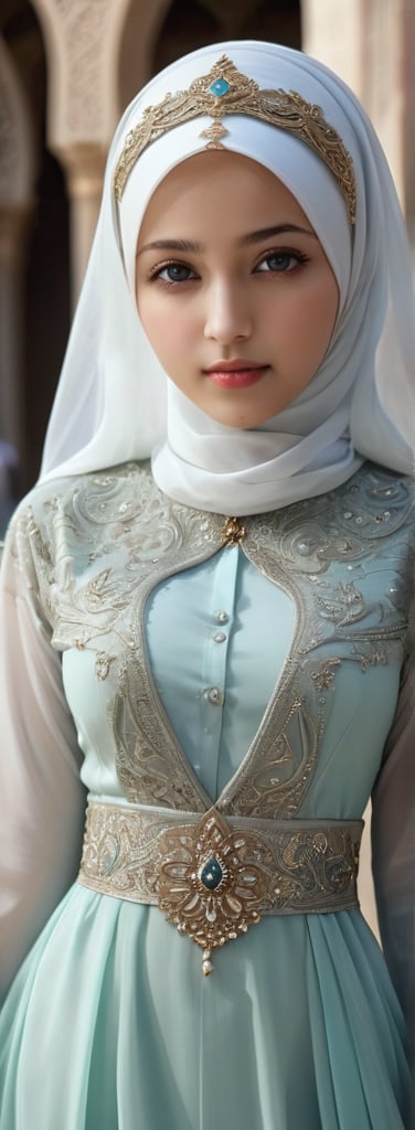 1 girl, pretty, her face like an angel, moslem clothes, hijab, korean, palestinian turban, veil, islamic dress, closed clothing, long dress, cloak, (Best Quality:1.4), (Ultra-detailed), (Detailed light), (beautiful face),  Amazing face and eyes, high heels,  extremely detailed CG unified 8k wallpaper, High-definition raw color photos, professional photograpy, dynamic lighting, depth of fields, full body view, outdoor, mosque, more detail XL, dilraba,Beautiful eyes girl