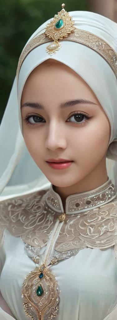 1 girl, pretty, her face like an angel, sweet smile, moslem clothes, hijab, korean, palestinian turban, veil, islamic dress, closed clothing, long dress, cloak, (Best Quality:1.4), (Ultra-detailed), (Detailed light), (beautiful face),  various camera angles, Amazing face and eyes, high heels,  extremely detailed CG unified 8k wallpaper, High-definition raw color photos, professional photograpy, dynamic lighting, depth of fields, full body view, outdoor, mosque, more detail XL, dilraba,Beautiful eyes girl