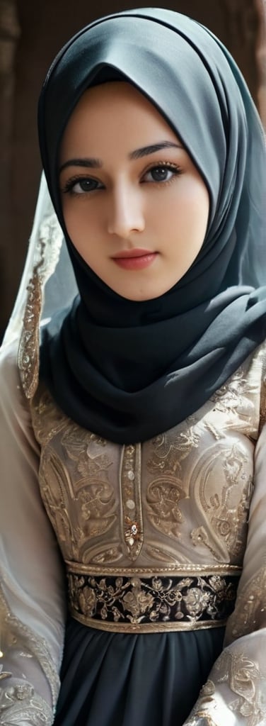 1 girl, pretty, moslem clothes, hijab, palestinian turban, veil, islamic dress, closed clothing, long dress, (Best Quality:1.4), (Ultra-detailed), (Detailed light), (beautiful face),  Amazing face and eyes, high heels,  extremely detailed CG unified 8k wallpaper, High-definition raw color photos, professional photograpy, dynamic lighting, depth of fields, full body view, outdoor, mosque, more detail XL, dilraba,