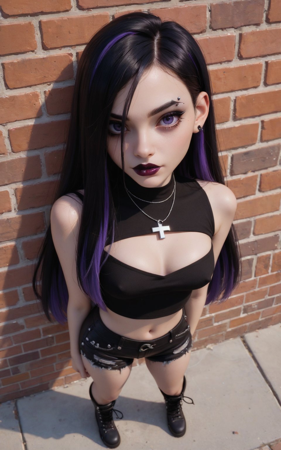 score_9, score_8_up, score_7_up, violetparr, Violet Parr,Goth girl, goth, 1girl, solo,looking at viewer,long hair hair, black hair,red IncursioDipDyedHair, asymmetrical hairstyle, bare shoulders,hair covering one eye,from above, sleeveless lace crop top,leather shorts, purple eyes,necklace,eyebrow piercing,two-tone hair,lips,makeup,lipstick,spot color , full body, cleavage, SkinHairDetail,  hands behind back, erected nipples, black combat boots,brick wall, SCORE_9,g4n1m3,ExpressiveH