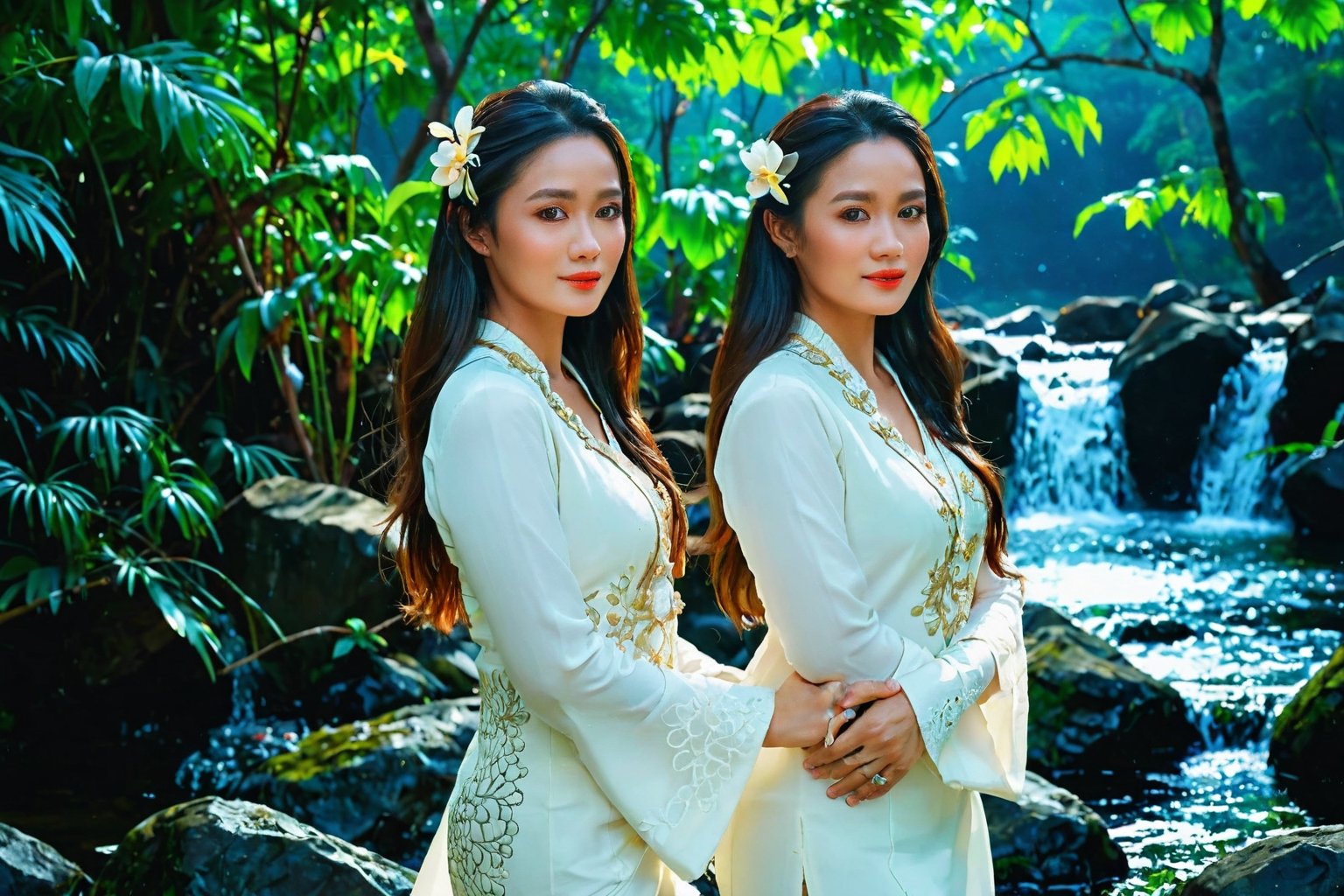 Create a photorealistic masterpiece of a beautiful woman with long hair wearing traditional Indonesian white kebaya attire. Set her against a dark, forest backdrop with a captivating glow in the background and bokeh effect. Ensure the image quality is 8K with ultra-realistic details.,kebaya,aw0k euphoric style,AliaBhatt