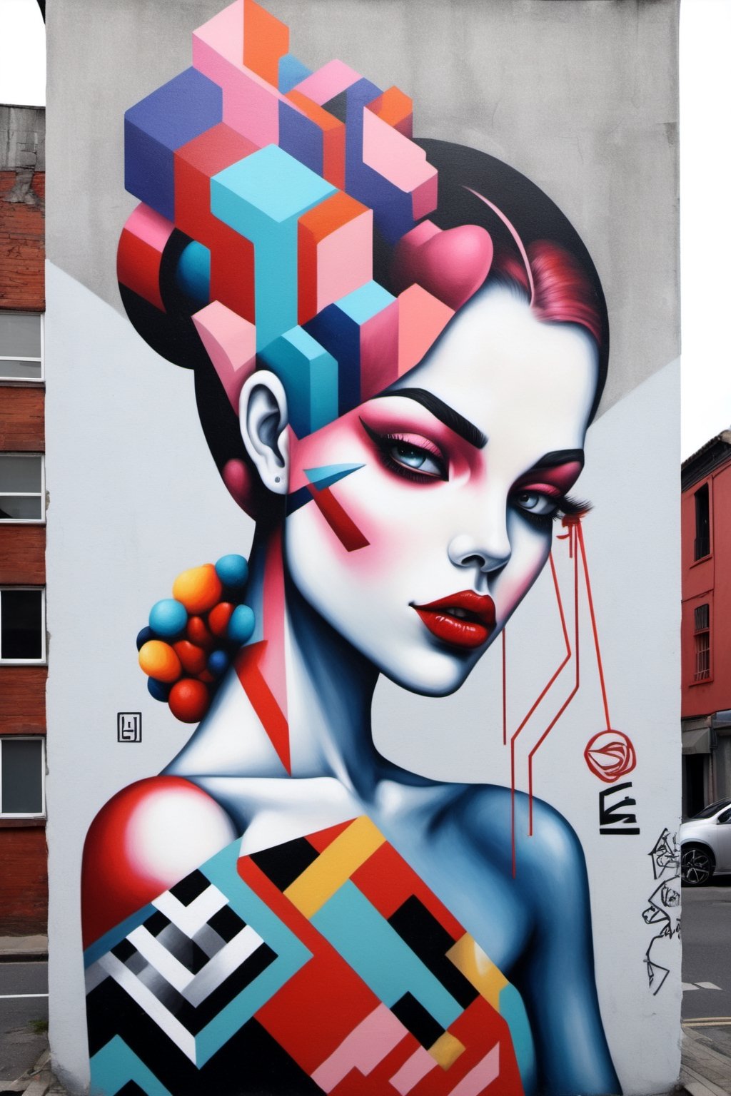 Street art, with its contemporary sensibility and a blend of geometric and surreal forms, conveys beauty,LinkGirl,DonM3l3m3nt4lXL,glitter