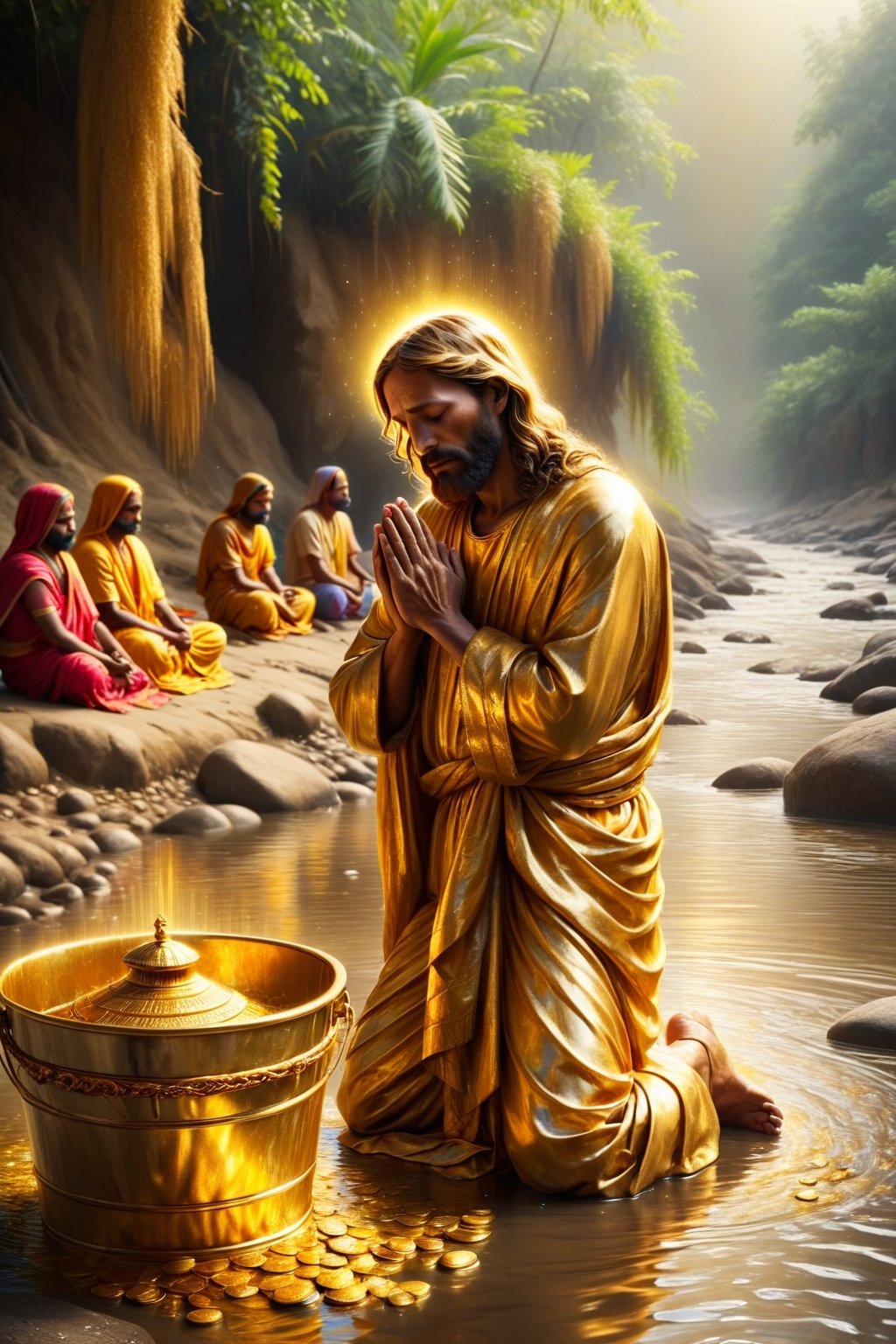 Golden Jesus is praying, poor family in india, people are pray, long river side,BucketGoldUnderTheRainbow