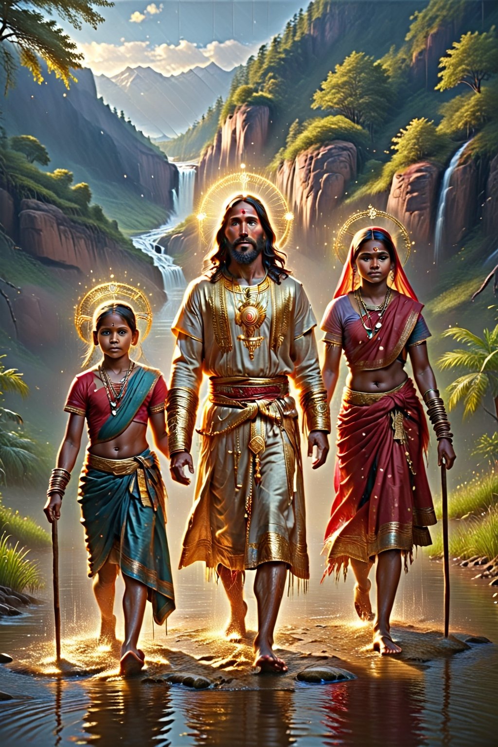 Cabin crews and Jesus golden ,river, poor indian family ,BucketGoldUnderTheRainbow,AngelStyle