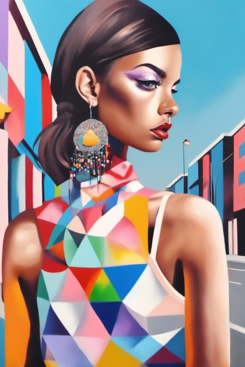 Street art, with its contemporary sensibility and a blend of geometric and surreal forms, conveys beauty,LinkGirl,DonM3l3m3nt4lXL,glitter