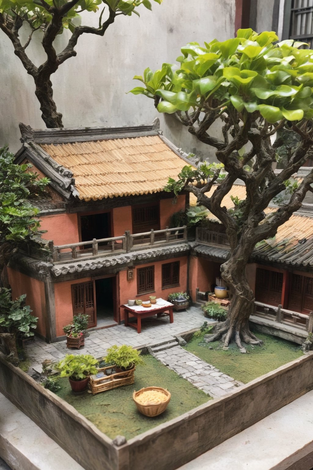 outdoors, food, day, tree, no humans, plant, scenery, basket, potted plant, house,diorama,gugong