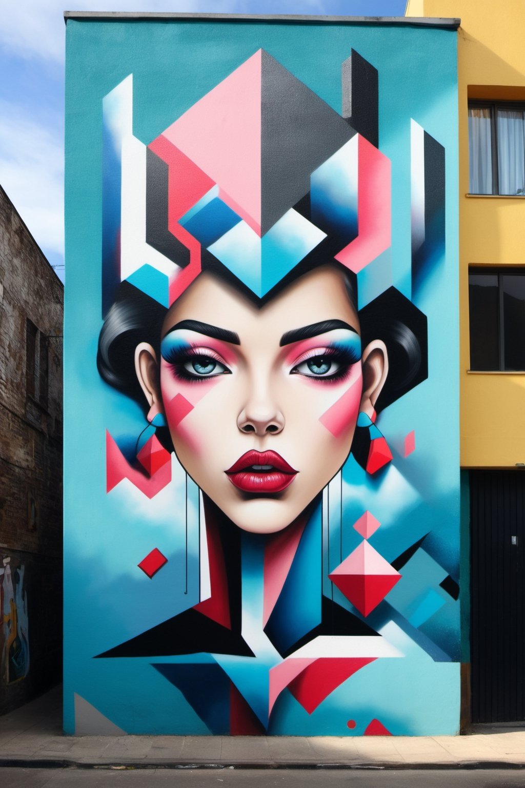 Street art, with its contemporary sensibility and a blend of geometric and surreal forms, conveys beauty,LinkGirl,DonM3l3m3nt4lXL,glitter