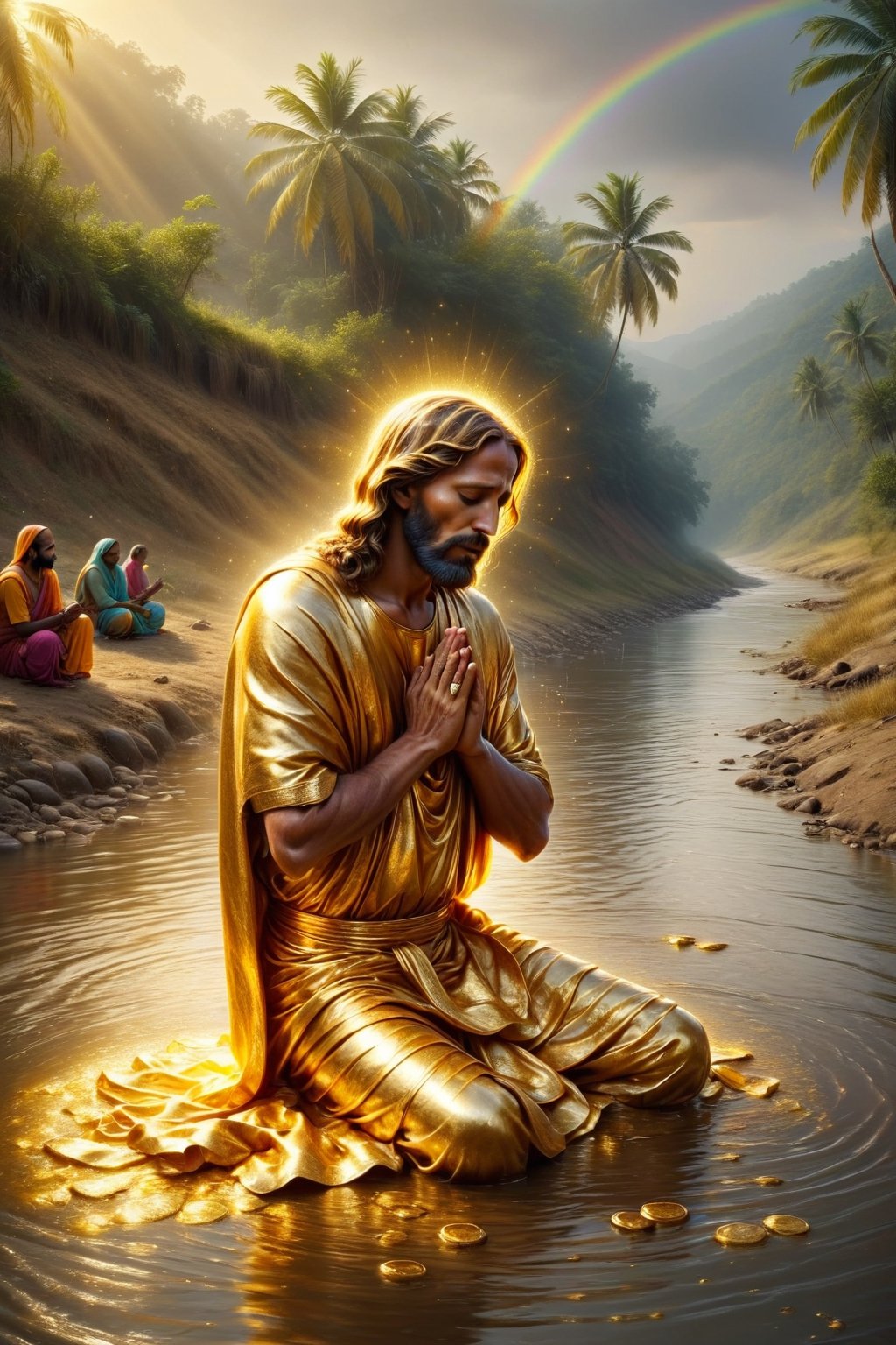 Golden Jesus is praying, poor family in india, people are pray, long river side,BucketGoldUnderTheRainbow