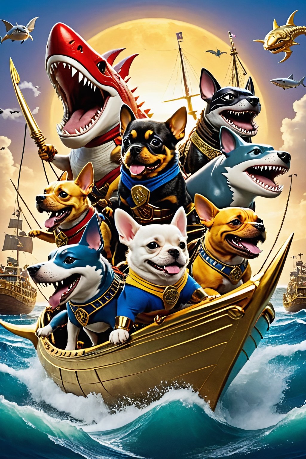  1 Dog warrior, Golden Pirats Dog, shark attack the piratedog ,comic book,BugCraft,moonster,Fairy, golden ships. golden boats, wakanda style, fighting,DonMW15pXL,Disney pixar style,dragon