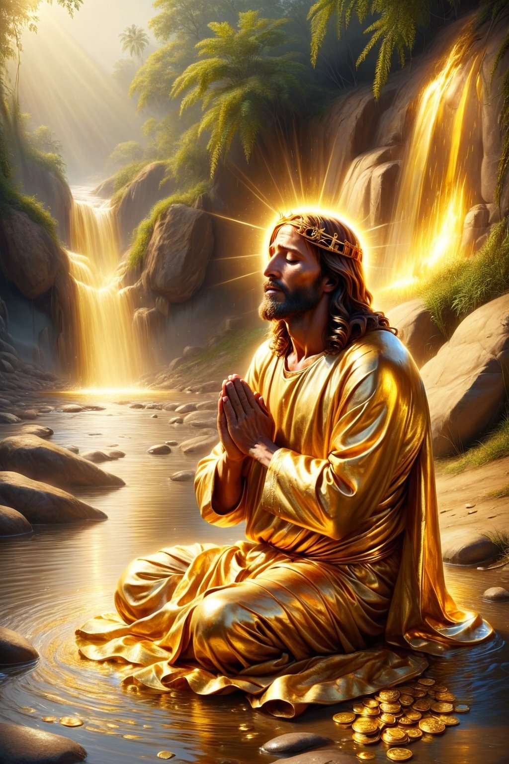 Golden Jesus is praying, poor family in india, people are pray, long river side,BucketGoldUnderTheRainbow