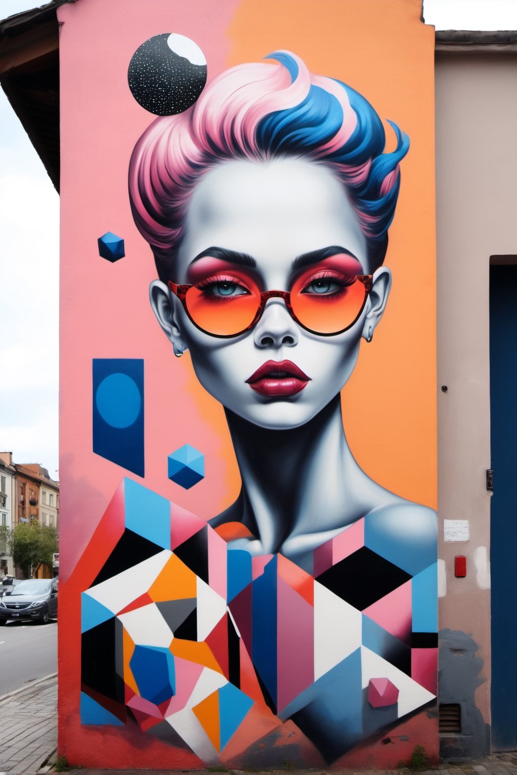 Street art, with its contemporary sensibility and a blend of geometric and surreal forms, conveys beauty,LinkGirl,DonM3l3m3nt4lXL,glitter,ach-ciloranko