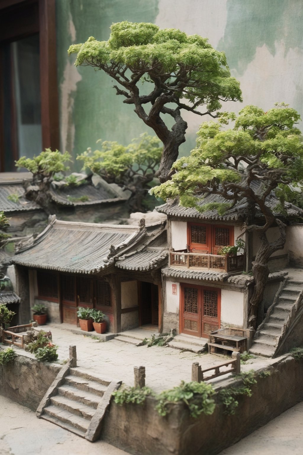 Exteriels , food, day, tree, no humans, plant, scenery, basket, potted plant, house,diorama,gugong