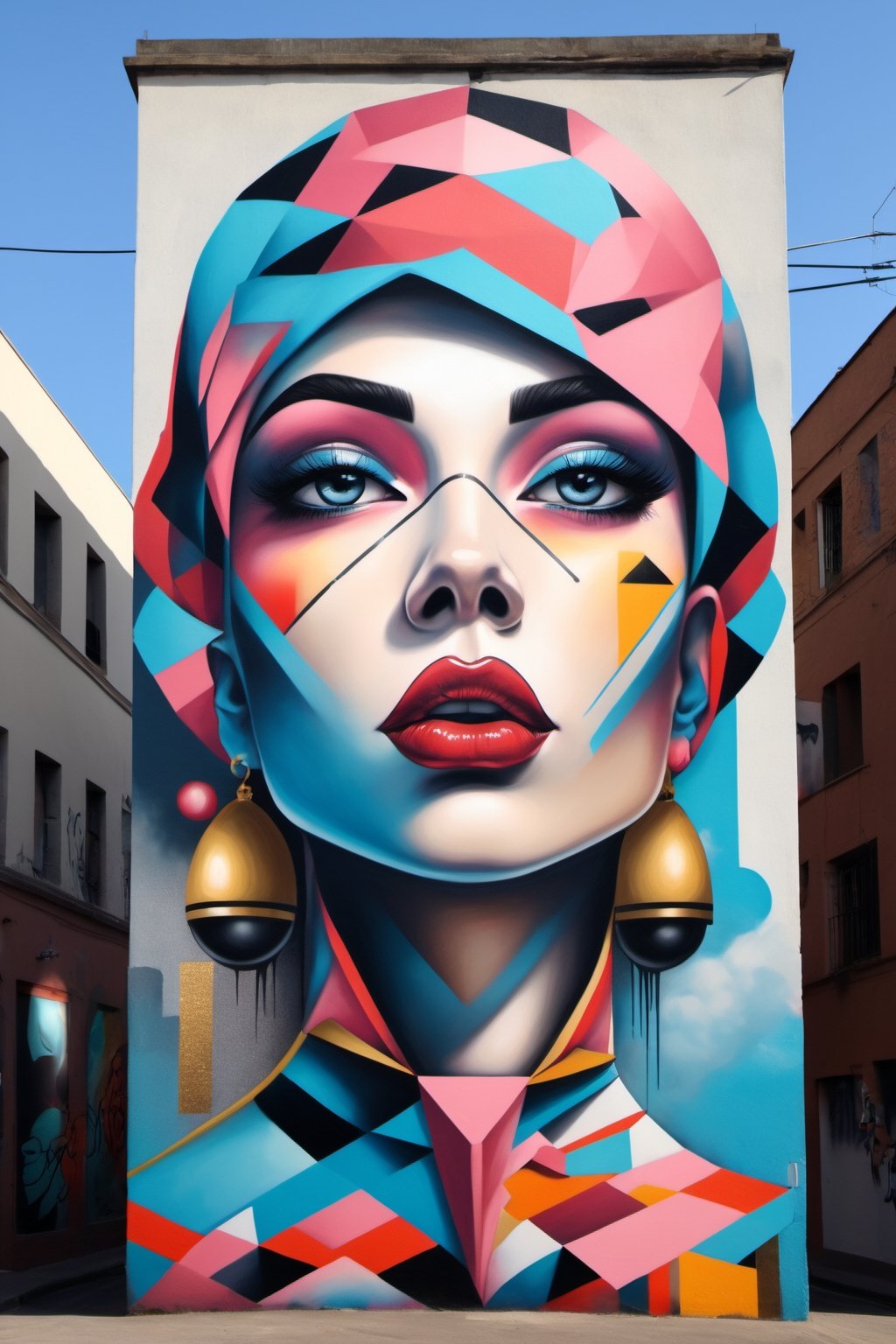 Street art, with its contemporary sensibility and a blend of geometric and surreal forms, conveys beauty,LinkGirl,DonM3l3m3nt4lXL,glitter,ach-ciloranko