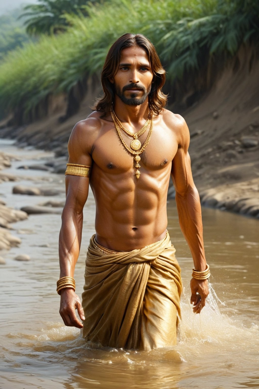 Jesus golden , river, poor indian family ,BucketGoldUnderTheRainbow,golden_jewelry, ,Hot Body, long river