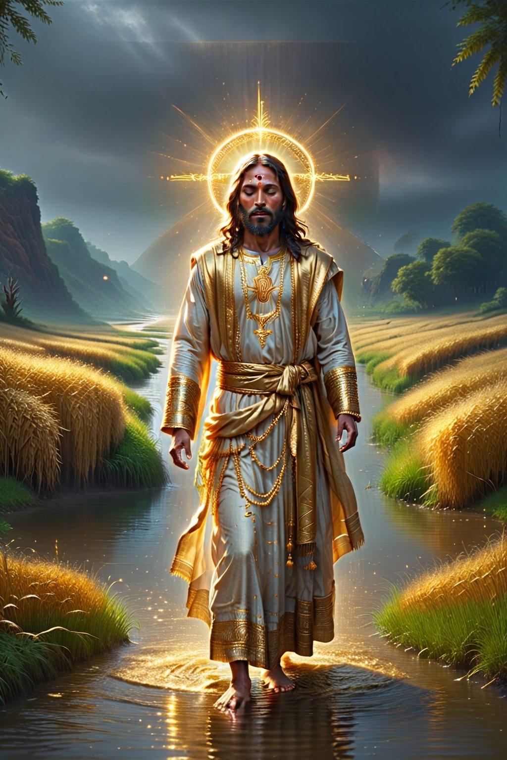 Jesus golden And praying ,river, poor indian family ,BucketGoldUnderTheRainbow,AngelStyle, farm, feild, 