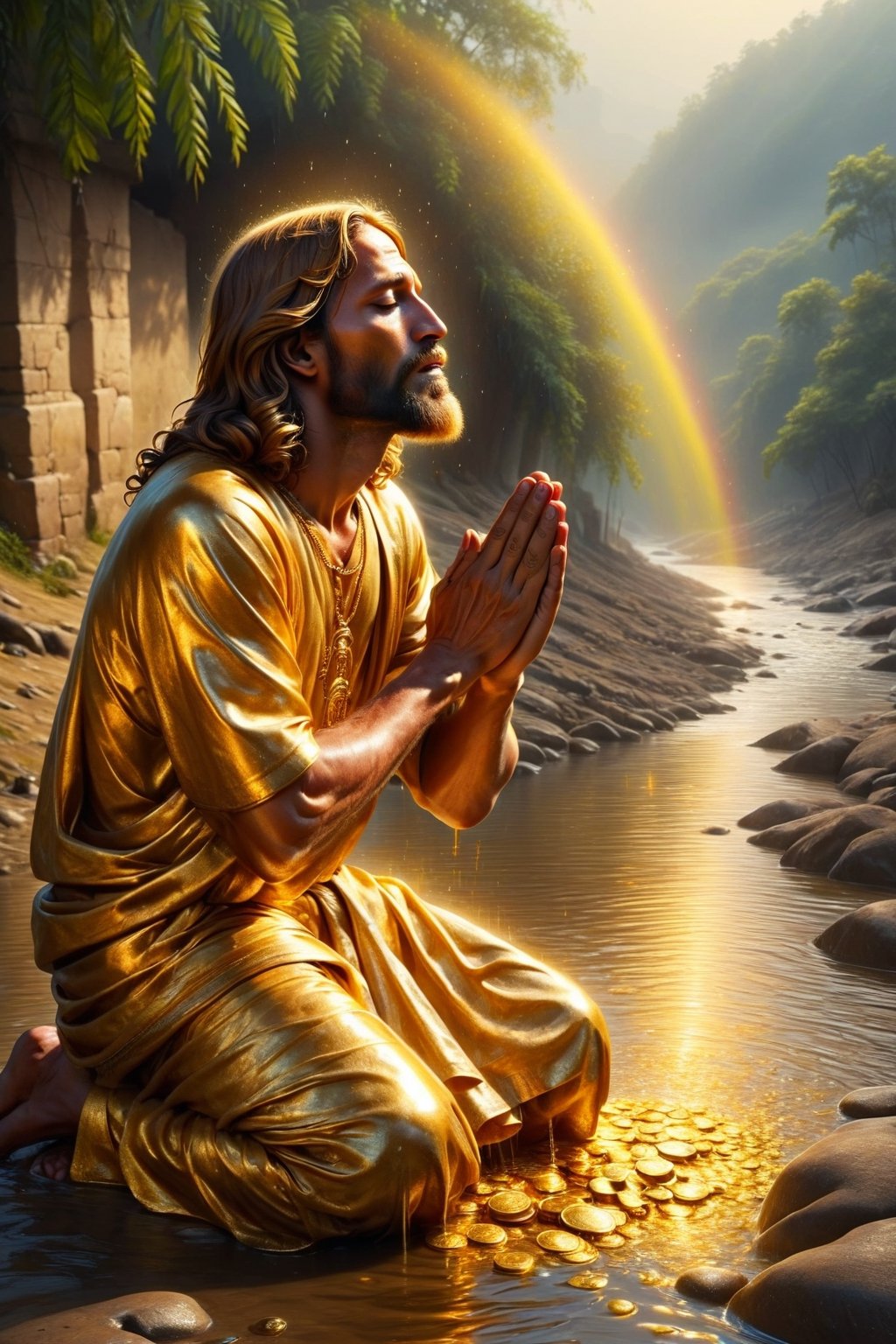 Golden Jesus is praying, poor family in india, people are pray, long river side,BucketGoldUnderTheRainbow