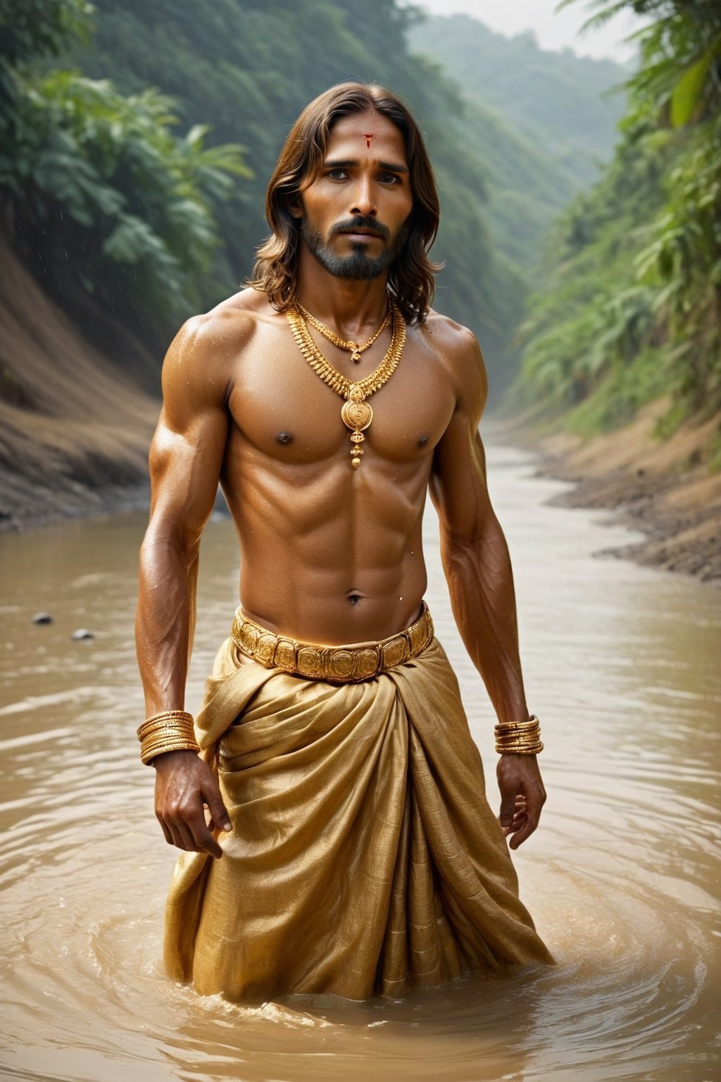 Jesus golden , river, poor indian family ,BucketGoldUnderTheRainbow,golden_jewelry, ,Hot Body