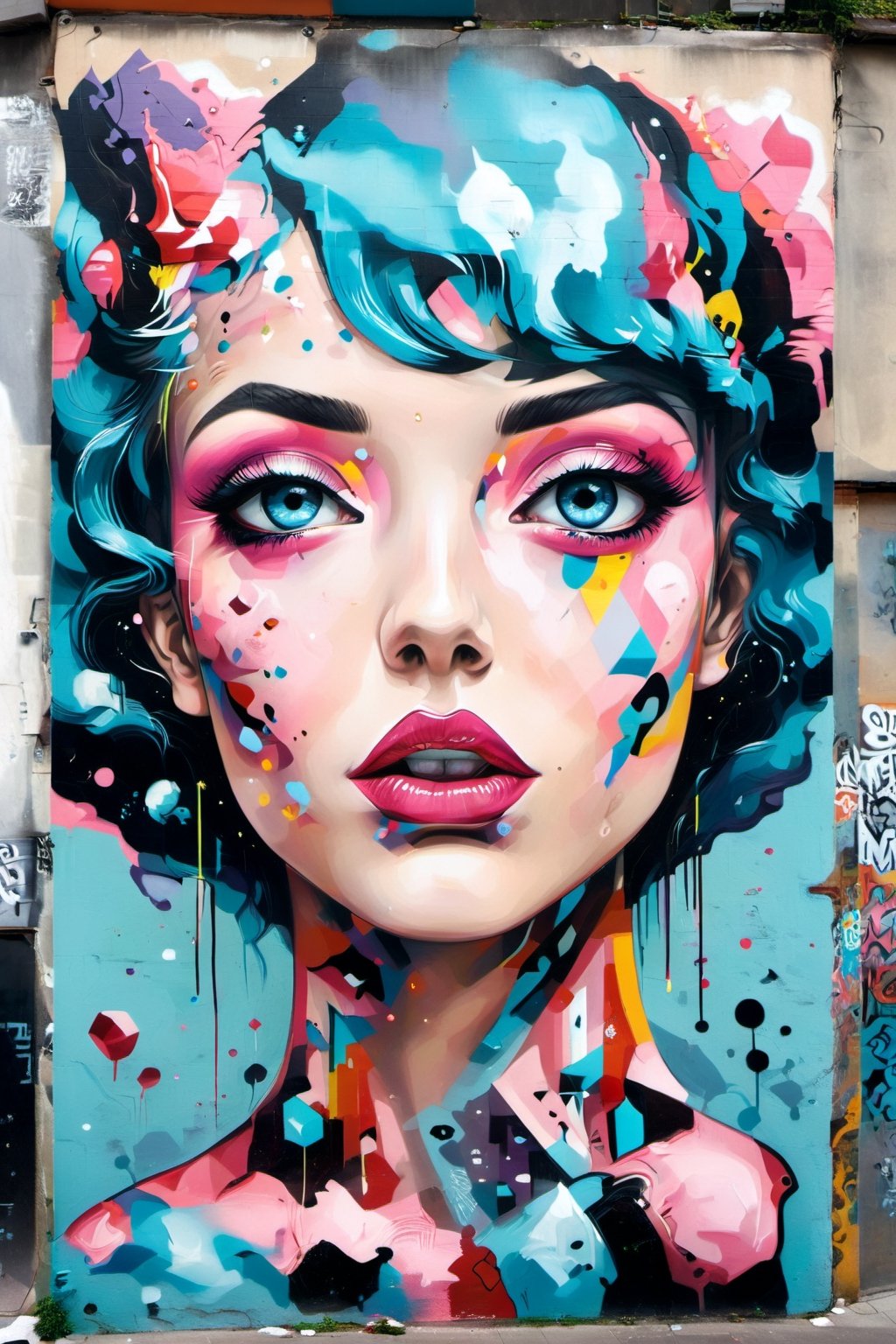 Street art, with its contemporary sensibility and a blend of geometric and surreal forms, conveys beauty,LinkGirl,DonM3l3m3nt4lXL,glitter