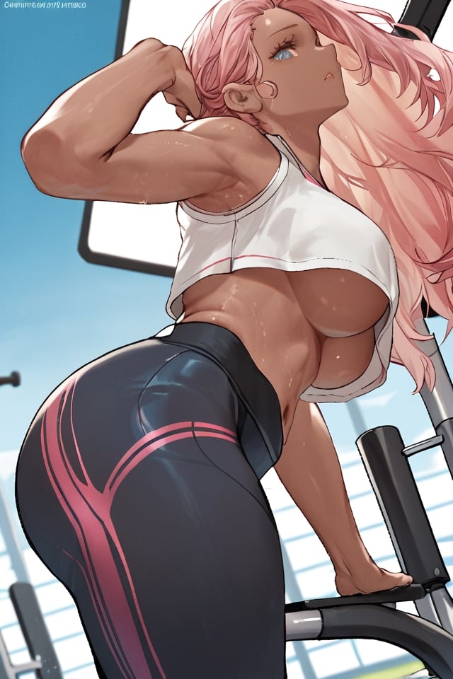 score_9, score_8_up, score_7_up, dishwasher1901, 1girl, beautiful female, define eyebrows, tan skin, sweats, deep pink hair, mid feathered hair, locks of hair over chest, light-grey-eyes, large breasts, gym crop top, underboobs, push-up yoga leggings, thick thighs, round belly, cute fangs, grins, overhead press exercise, looks at the viewer below, sideview, gym scenery, aesthetic, 