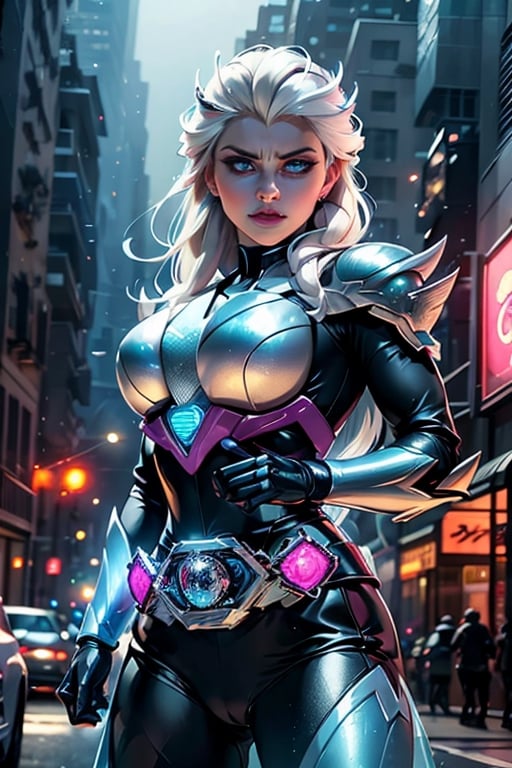 kamenrider, Elsa as a Kamen Rider Frost, unmasked, hyper HD, 4K, where neon lights illuminate the night, the iconic figure of Kamen Rider emerges. Her hyper-realistic appearance, captured in stunning 4K definition, leaves the crowd in awe. Witness the famous scenes of this mechanical marvel in action, as she defends against the darkness that threatens humanity, her hyper-detailed armor gleaming under the city lights.,Elsa