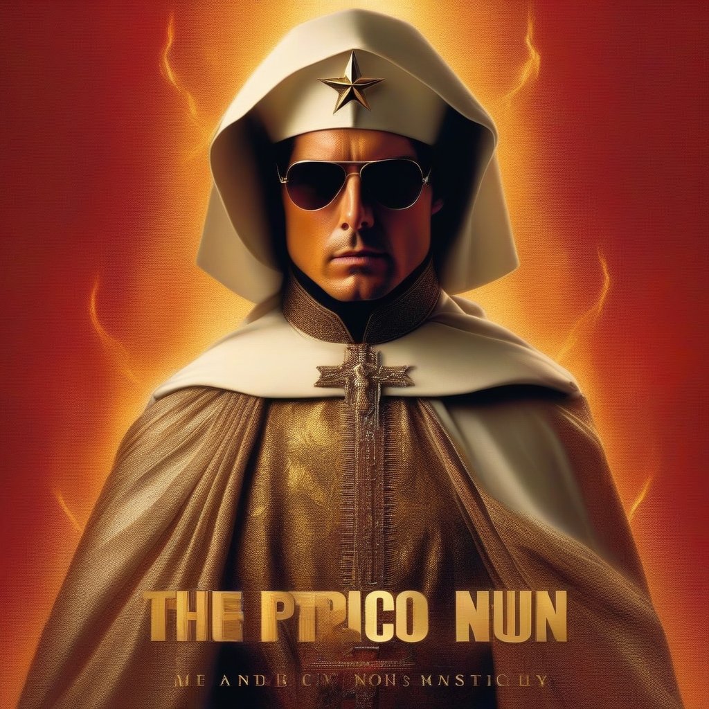 Tom Cruise, resplendent in a habit and veil, strikes a dramatic pose as 'The Top Nun' on the cover of this fictional film's poster. A bold, fiery red background sets ablaze his stern expression, while the title 'Top Nun: Maverick' emblazoned in metallic gold lettering adds a touch of edgy sophistication. Cruise's nunly attire is detailed with intricate folds and textures, drawing the viewer's eye to the star's piercing gaze.