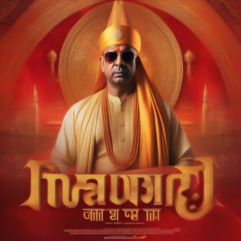 Generate an image of Yogi Adityanath, dressed in a habit and veil, striking a dramatic pose as 'The Top' on the cover of a fictional film. Against a bold, fiery red background, Yogi's stern expression stands out amidst metallic gold lettering reading 'Maverick'. The intricate folds and textures of his attire draw attention to his piercing gaze, with the framing capturing his regal presence in sharp focus.