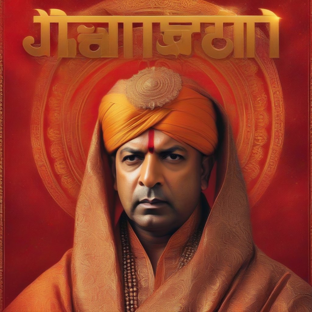 Generate an image of Yogi Adityanath, dressed in a habit and veil, striking a dramatic pose as 'The Top' on the cover of a fictional film. Against a bold, fiery red background, Yogi's stern expression stands out amidst metallic gold lettering reading 'Maverick'. The intricate folds and textures of his attire draw attention to his piercing gaze, with the framing capturing his regal presence in sharp focus.