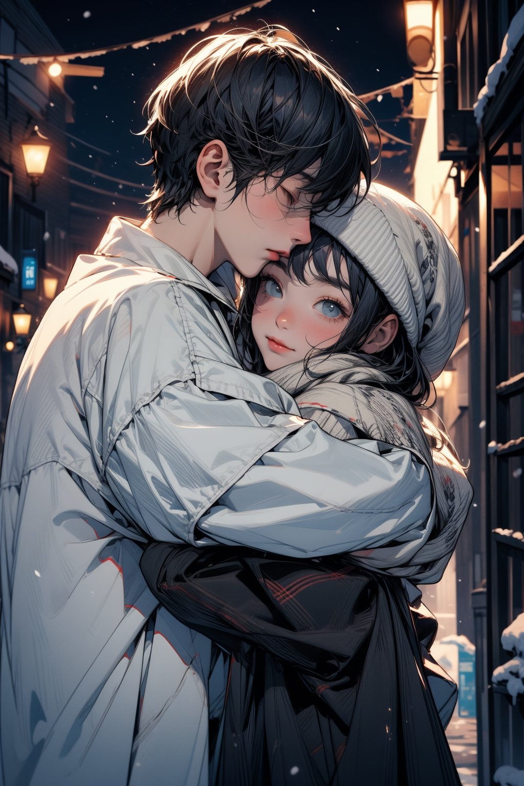 1girl wearing winter clothes hugs 1boy wearing summer short sleeves shirt ,winter ,showing,heaby snow,night,city,




