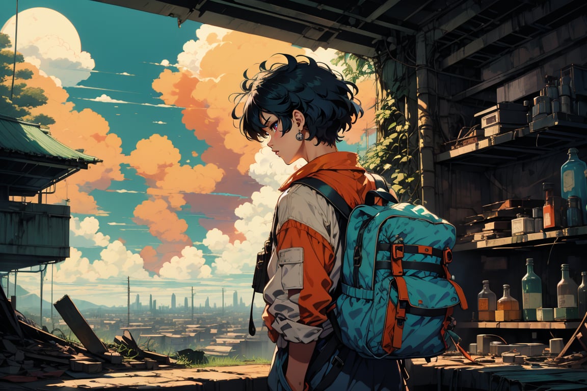 In a warm orange haze, a lone figure emerges against the reclaimed ruins of a city, now teeming with lush vegetation and vibrant greenery. The protagonist, a short-haired young man with bangs and piercings, stands tall, clutching a steel bottle in his hands. His dark-colored, post-apocalyptic attire is worn but determined expression shines through, framed by the bright blue noon sky with puffy white clouds. A small backpack adorns his back, symbolizing resilience and resourcefulness, set against the nostalgic charm of retro-illustration reminiscent of 1980s-1990s anime, as he surveys the revitalized landscape with his green eyes.