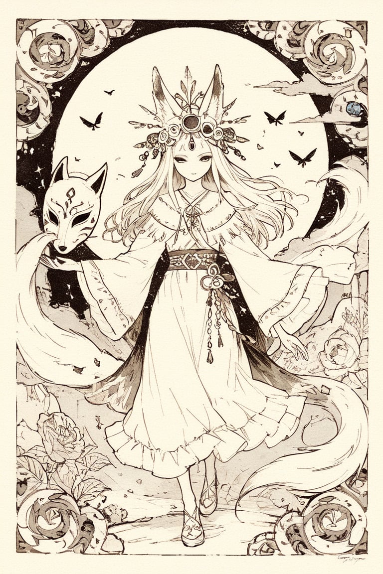 fairy tale illustrations,Simple minimum art, 
myths of another world,
pagan style graffiti art, aesthetic, sepia, ancient Russia,
A female shaman,(wearing a fox-faced mask),