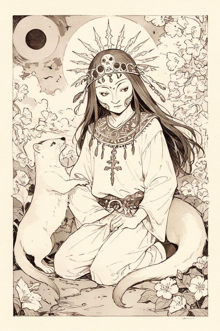 fairy tale illustrations,Simple minimum art, 
myths of another world,
pagan style graffiti art, aesthetic, sepia, ancient Russia,
A male shaman,(wearing a ferret-faced mask),