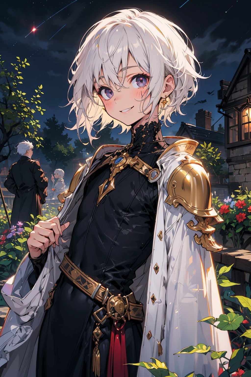 young_person, small_person, androgynous_look, flat_chest, white_hair, shoulder_length_hair, dark_eyes, uncertain_smile, very_slim, very_thin, close_up, fantasy_clothes, victorian_clothes, garden, night, dark_sky, small_body, white_robe, hermaphroditic_look, hermaphrodite, white_clothes, gold_marks, boyish_look, young_boy, tomboy
